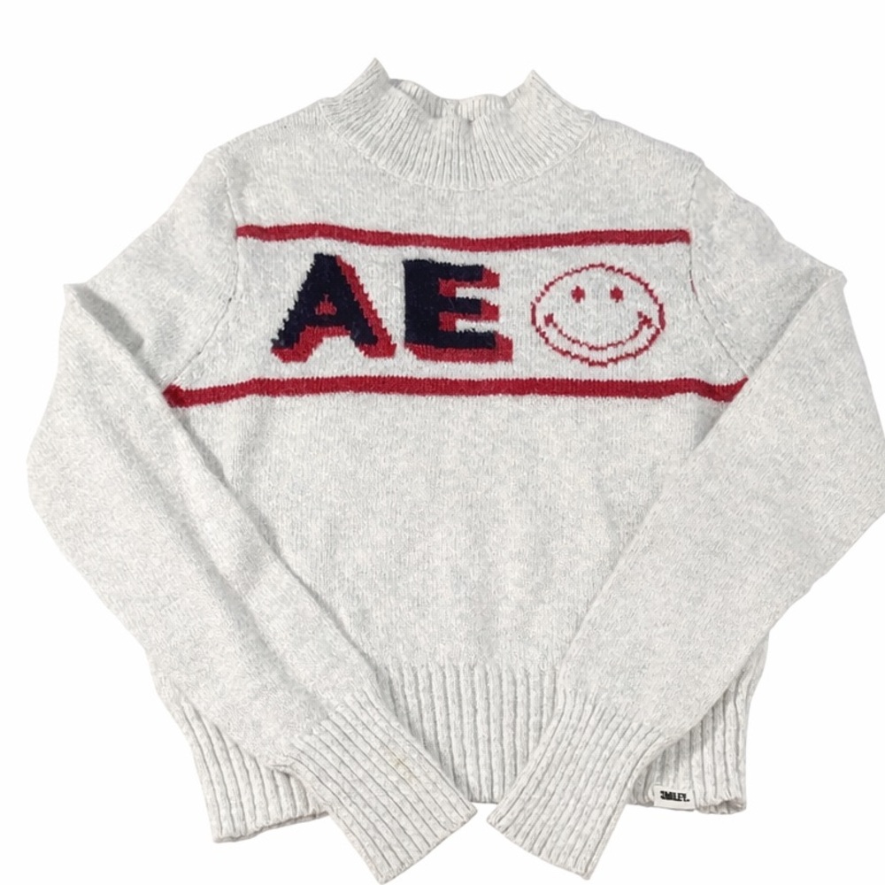 American Eagle x Smiley AE Graphic Knit Sweater Heathered light gray Y2K vibe
